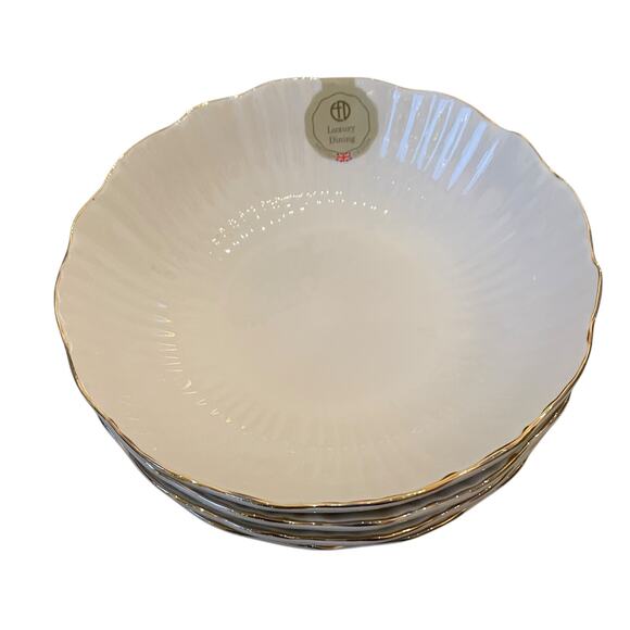 Eaton Fine Dining Porcelain 8.5in Pasta Bowl Set of 4 Aubrey White Gold Trim New - Picture 5 of 14